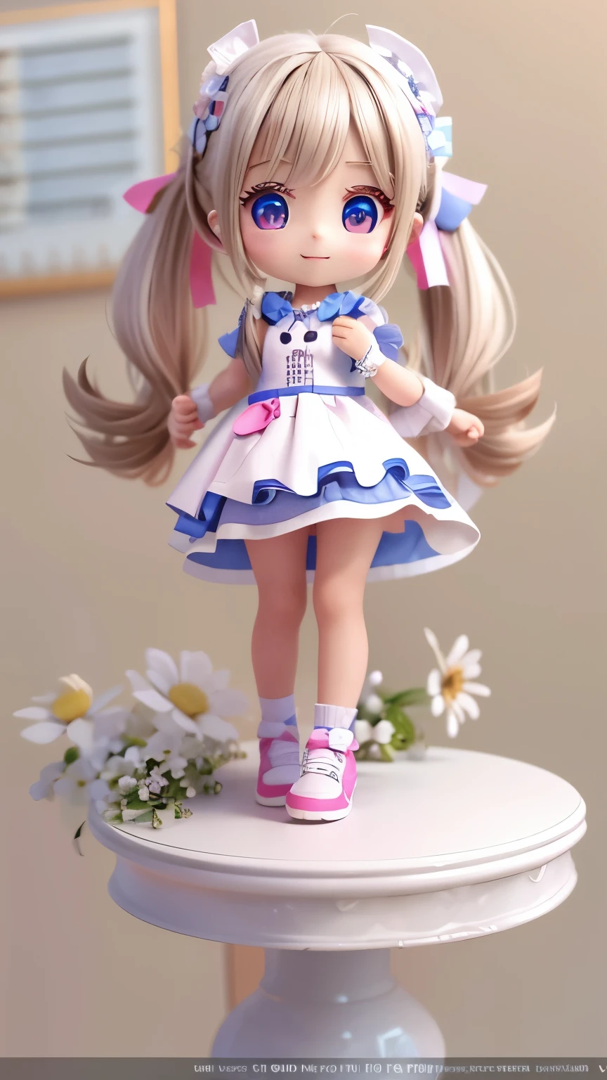 Drawing of a girl in a ponytail and dress, cute 3d rendering, cute detailed digital art, mini cute girl, cute digital painting, 3D rendering style, cute digital art, cute rendering 3d anime girl, Small Curvy Loli, cute! C4D, One character&#39;s whole body, Standing on a white pedestal