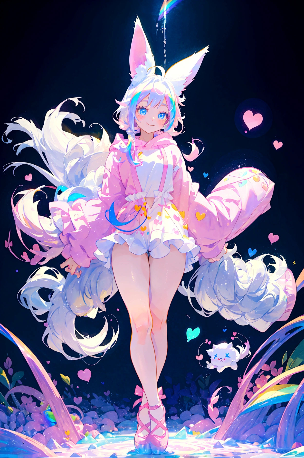 a cute adult male with wolf ears, long white hair, long locks, has a wolf tail, thick thighs, wide hips, short, wearing pink romper with a hood and pink shorts, has heart on chest, has bunny ears on hood, very slim, showing slender tummy, squishy thighs, has glowing blue eyes. alone, solo (ALONE)(SOLO), surrounded by rainbows, colorful galaxy backround, smiling, ontop of a pile of fluffy plushes, plushies everywhere, kawaii plushies, surrounded by bubbles, surrounded by rainbow leaves, standing up dancing, thicc thighs