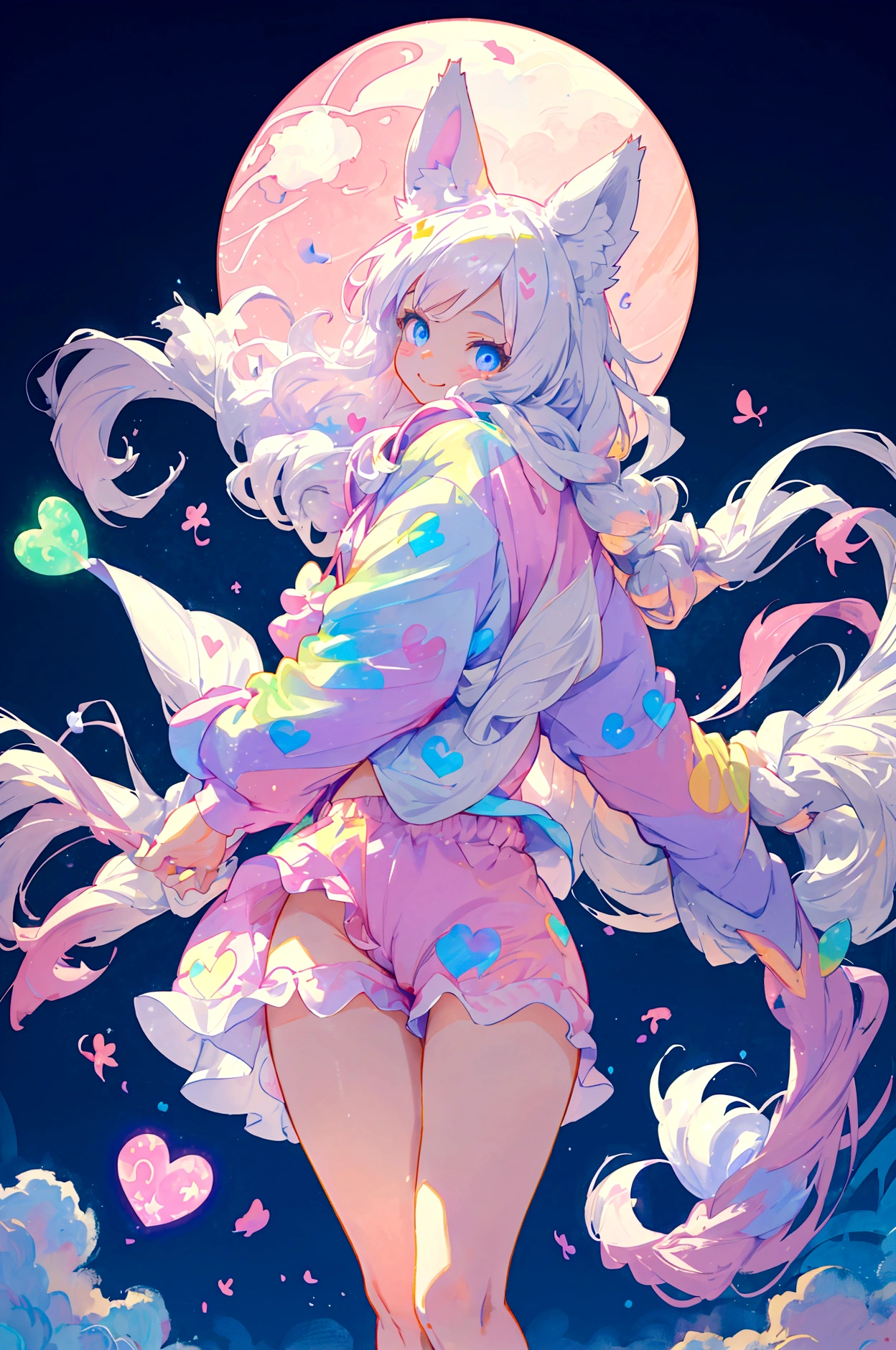 a cute adult male with wolf ears, long white hair, long locks, has a wolf tail, thick thighs, wide hips, short, wearing pink romper with a hood and pink shorts, has heart on chest, has bunny ears on hood, very slim, showing slender tummy, squishy thighs, has glowing blue eyes. alone, solo (ALONE)(SOLO), surrounded by rainbows, colorful galaxy backround, smiling, ontop of a pile of fluffy plushes, plushies everywhere, kawaii plushies, surrounded by bubbles, surrounded by rainbow leaves, standing up dancing, thicc thighs