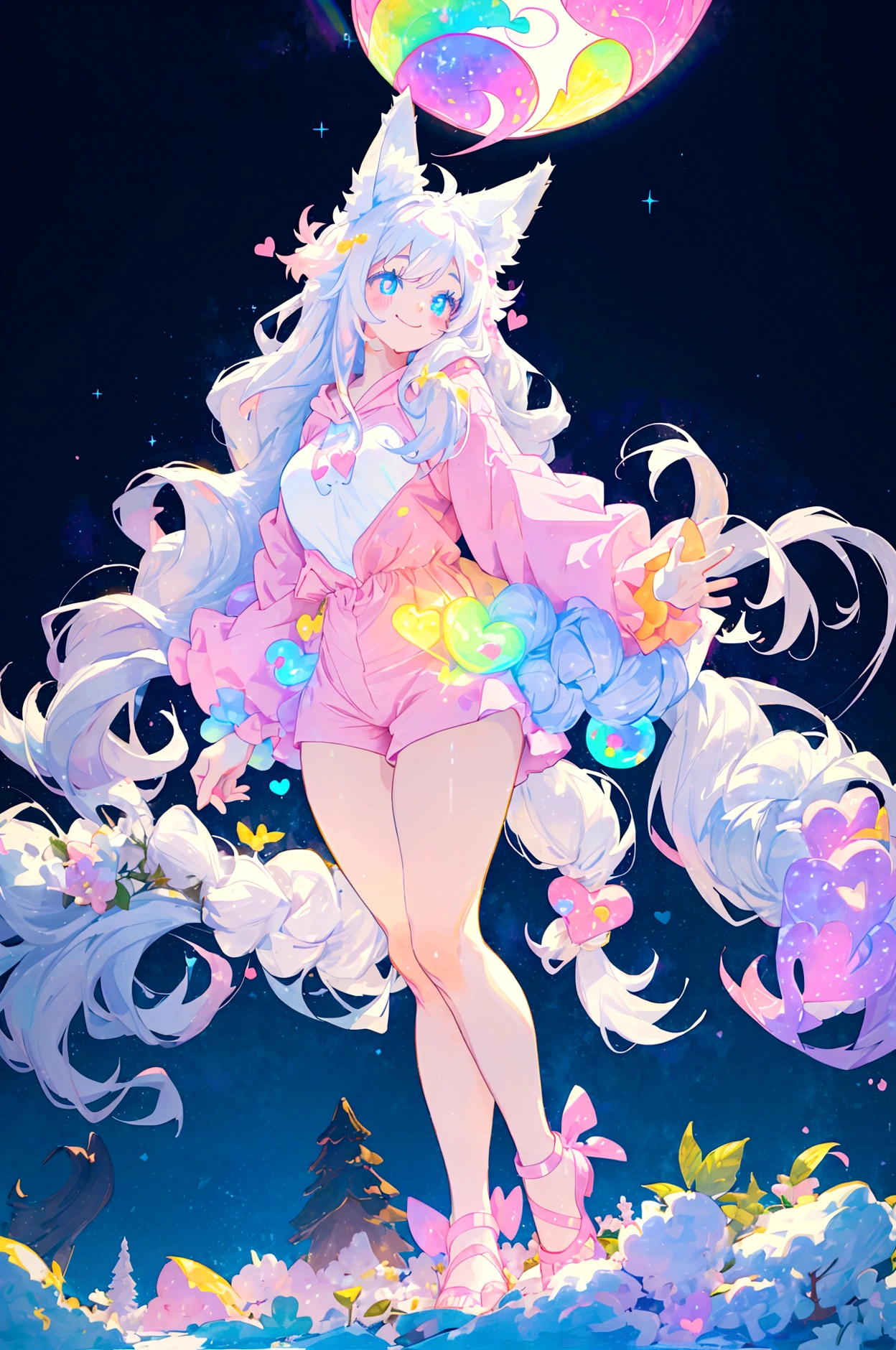 a cute adult male with wolf ears, long white hair, long locks, has a wolf tail, thick thighs, wide hips, short, wearing pink romper with a hood and pink shorts, has heart on chest, has bunny ears on hood, very slim, showing slender tummy, squishy thighs, has glowing blue eyes. alone, solo (ALONE)(SOLO), surrounded by rainbows, colorful galaxy backround, smiling, ontop of a pile of fluffy plushes, plushies everywhere, kawaii plushies, surrounded by bubbles, surrounded by rainbow leaves, standing up dancing, thicc thighs