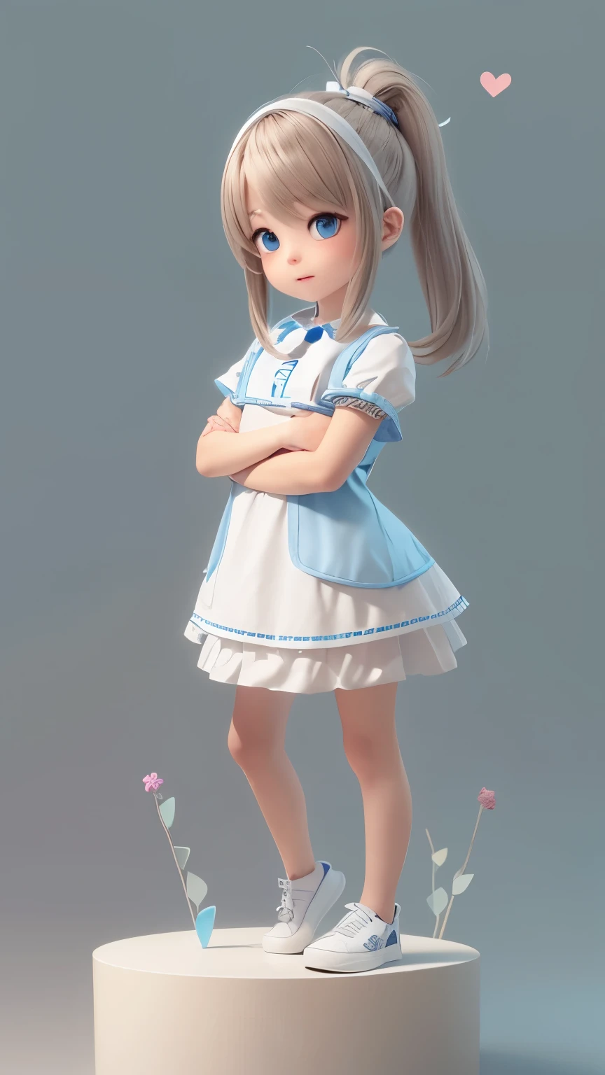 Drawing of a girl in a ponytail and dress, cute 3d rendering, cute detailed digital art, mini cute girl, cute digital painting, 3D rendering style, cute digital art, cute rendering 3d anime girl, Small Curvy , cute! C4D, One character's whole body, Standing on a white pedestal