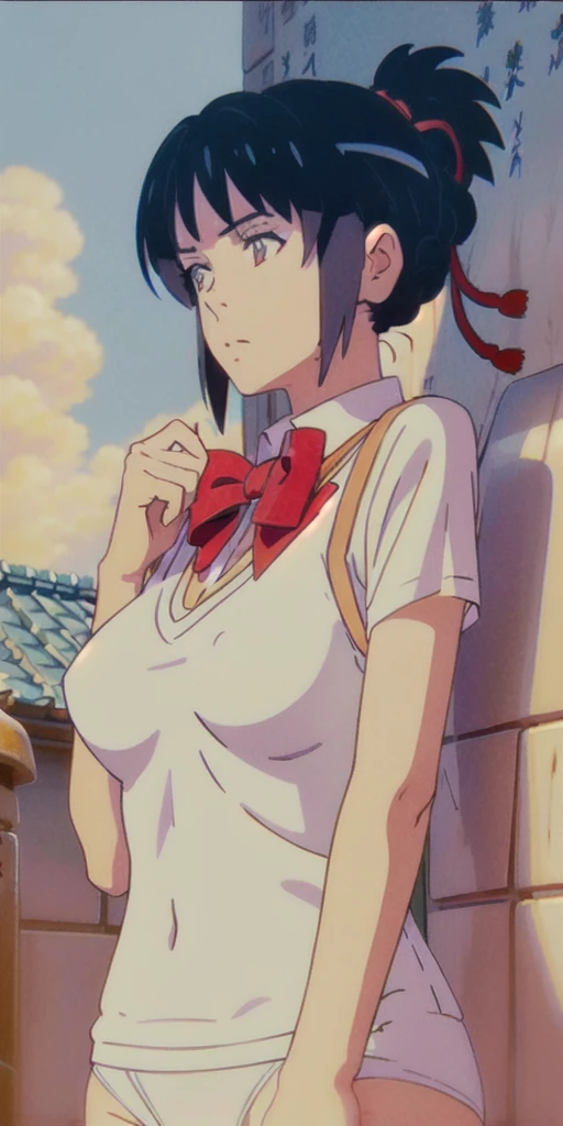 miyamizu_mitsuha, red bowtie,
jewelry, white yoga crop top, white yoga tight shorts, hands on chest,see-through, looking at viewer, hair ornament, choker, shy,
(masterpiece, top quality, best quality, official art, beautiful and aesthetic:1.2), (1 girl), extreme detailed, colorful, highest detailed,
(huge breasts:1.2, upper body, from below, cameltoe, ) white panties,
china city,street, sun, cloud, wall, leaning,