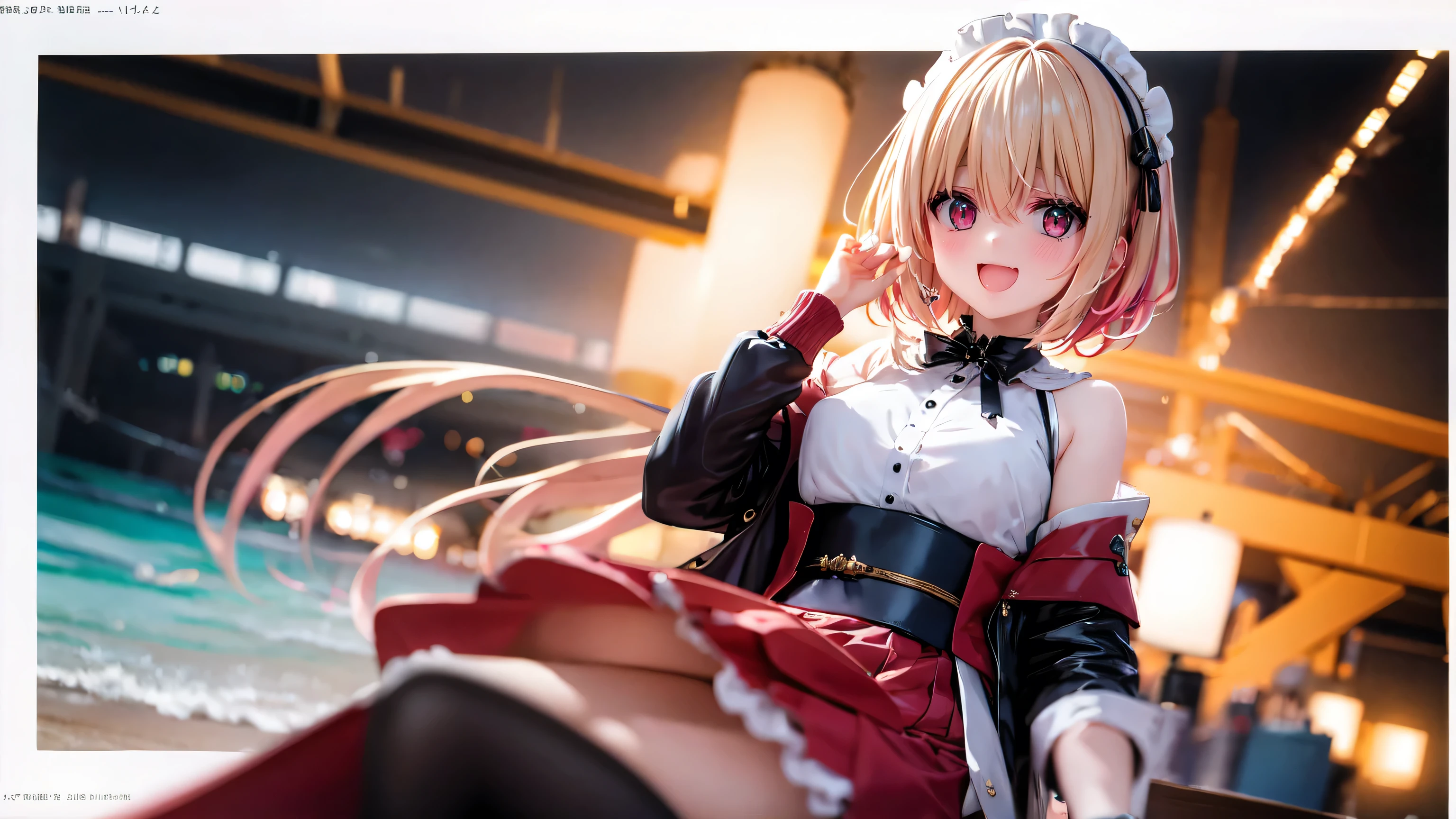 Alice, Anime art style, One girl, One person, chest, Lookwg_w_Audience, smile, short_hair, Open_mouth, big_chest, red_eye, hair_between_eye, upper_body, white_hair, :d, Blurred, leader