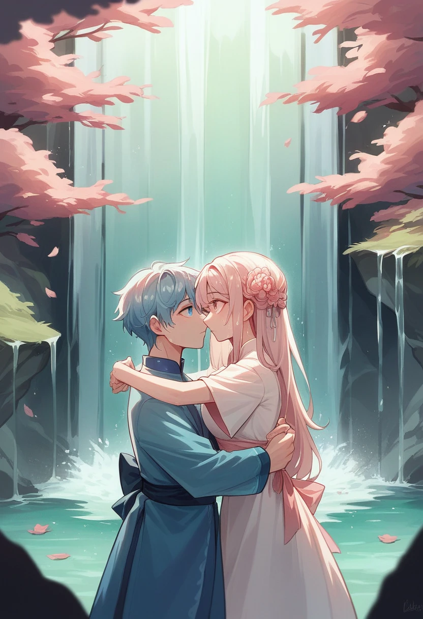 close up shot,Long exposure shot, light blue and pink, vivid colour, heavy rain storm, sunny day, female + female couple, two beautiful Thai female, open eyes,in authentic traditional Thai dress, silver blue,Hug tightly,Looking into each other's sweet eyes ,Buried face to face,in large flowing under waterfall, very wet,