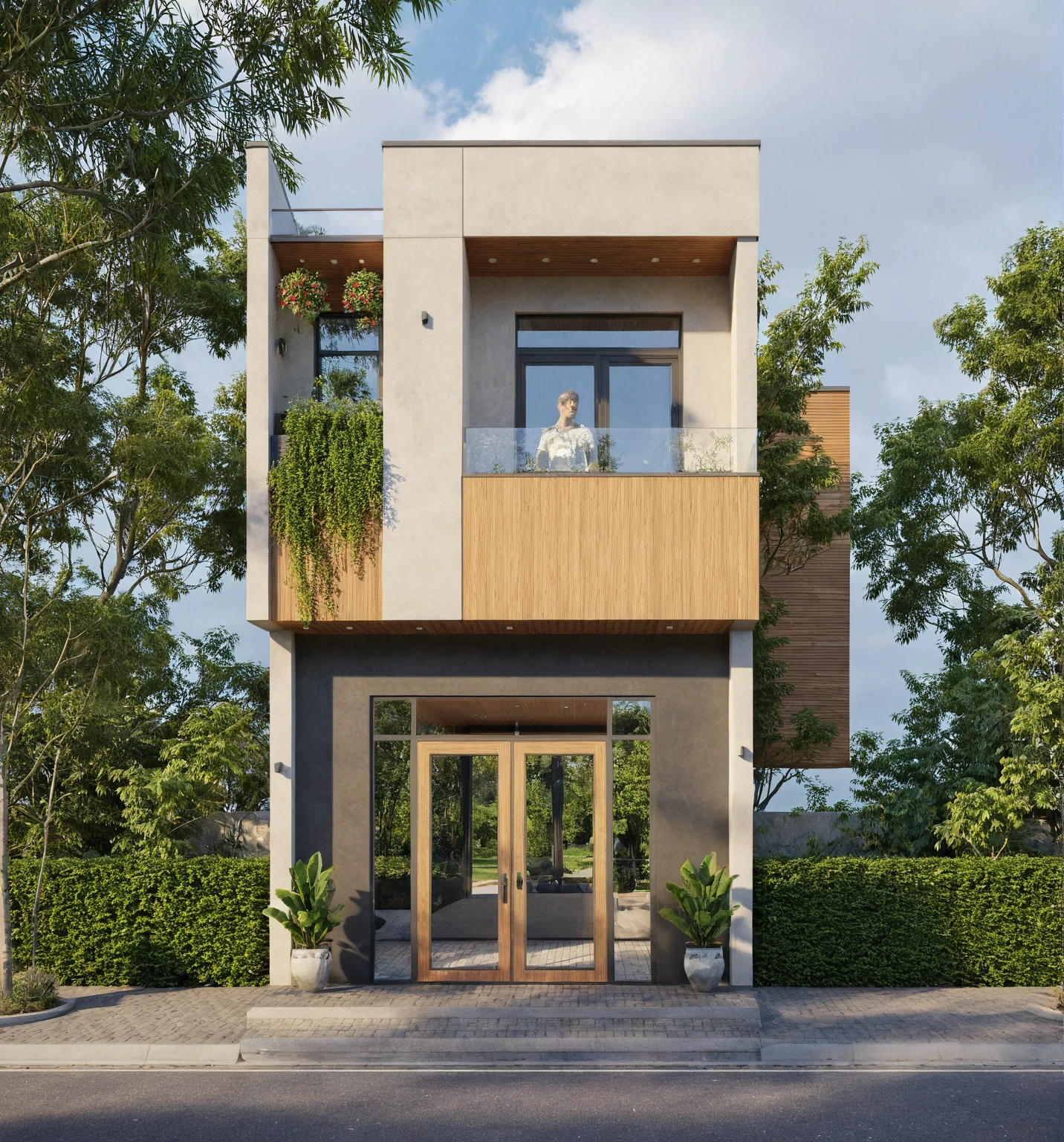 Raw photo,Masterpiece, high quality, best quality, authentic, super detail,
exterior, outdoors, house style modern on the street, glass windows, gate, wooden ceiling,
road,pavement, trees, sky, cloud, (daylight:1.1)
