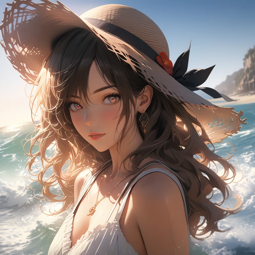 A woman with long, bronze-colored balayage hair, styled in beach waves, wearing an oversized sunhat, a light floral sundress, sandals, accessorized with aviator sunglasses, straw handbag, beautiful detailed eyes, beautiful detailed lips, extremely detailed eyes and face, long eyelashes, (best quality, 4k, 8k, highres, masterpiece:1.2), ultra-detailed, (realistic, photorealistic, photo-realistic:1.37), HDR, UHD, studio lighting, ultra-fine painting, sharp focus, physically-based rendering, extreme detail description, professional, vivid colors, bokeh, photography