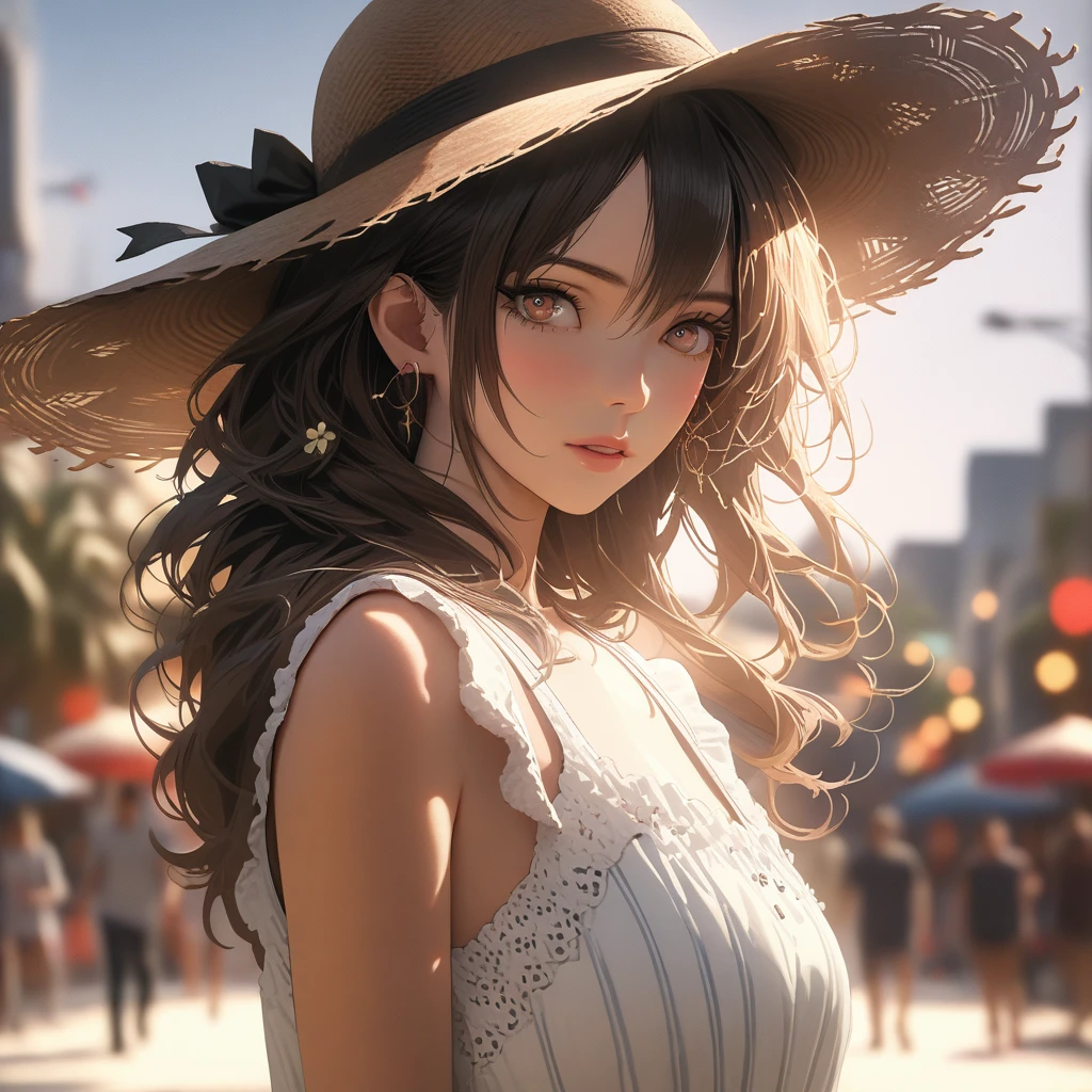 A woman with long, bronze-colored balayage hair, styled in beach waves, wearing an oversized sunhat, a light floral sundress, sandals, accessorized with aviator sunglasses, straw handbag, beautiful detailed eyes, beautiful detailed lips, extremely detailed eyes and face, long eyelashes, (best quality, 4k, 8k, highres, masterpiece:1.2), ultra-detailed, (realistic, photorealistic, photo-realistic:1.37), HDR, UHD, studio lighting, ultra-fine painting, sharp focus, physically-based rendering, extreme detail description, professional, vivid colors, bokeh, photography