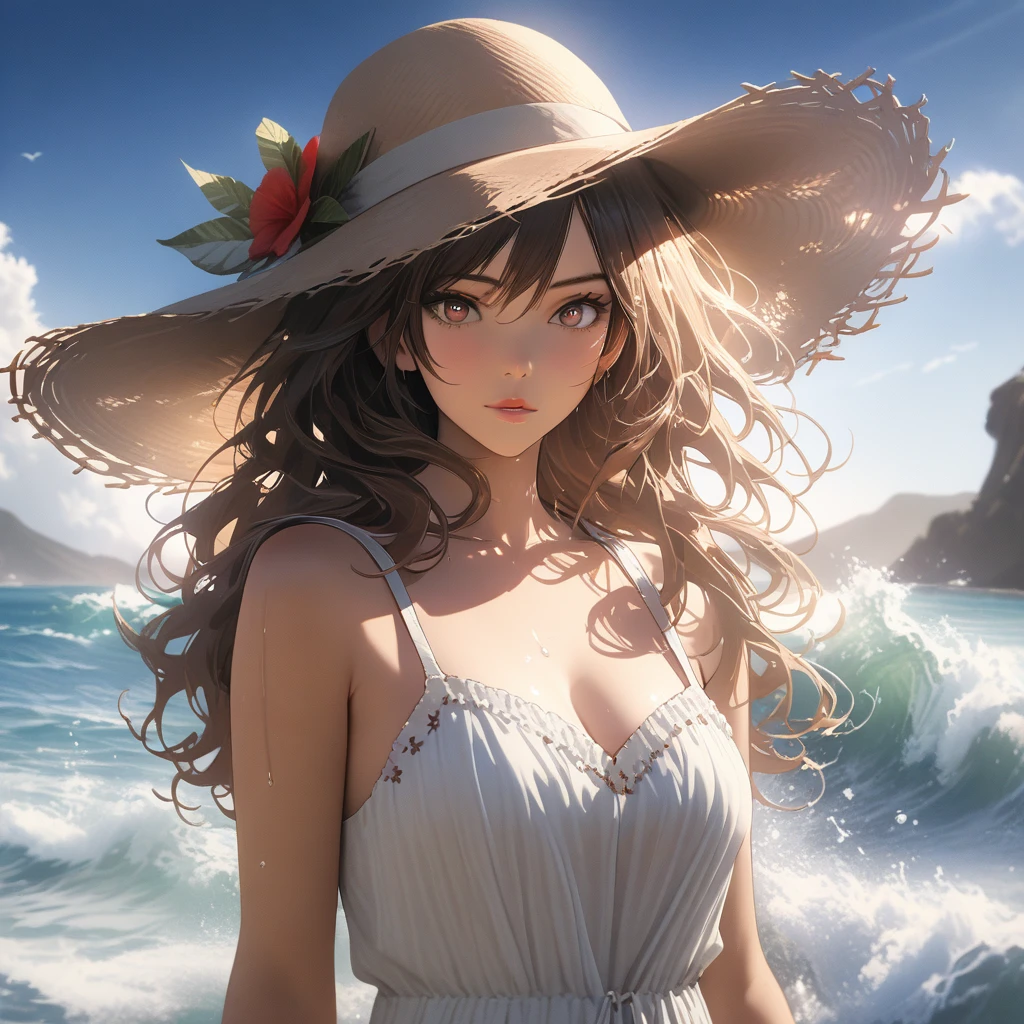 A woman with long, bronze-colored balayage hair, styled in beach waves, wearing an oversized sunhat, a light floral sundress, sandals, accessorized with aviator sunglasses, straw handbag, beautiful detailed eyes, beautiful detailed lips, extremely detailed eyes and face, long eyelashes, (best quality, 4k, 8k, highres, masterpiece:1.2), ultra-detailed, (realistic, photorealistic, photo-realistic:1.37), HDR, UHD, studio lighting, ultra-fine painting, sharp focus, physically-based rendering, extreme detail description, professional, vivid colors, bokeh, photography