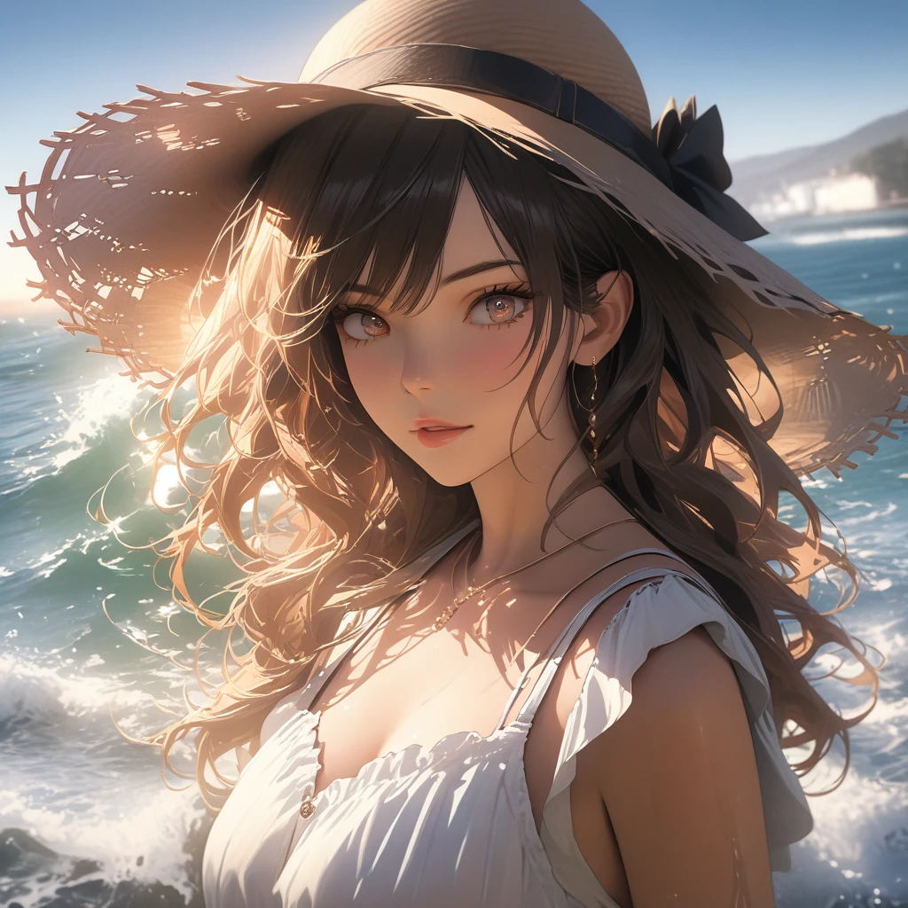 A woman with long, bronze-colored balayage hair, styled in beach waves, wearing an oversized sunhat, a light floral sundress, sandals, accessorized with aviator sunglasses, straw handbag, beautiful detailed eyes, beautiful detailed lips, extremely detailed eyes and face, long eyelashes, (best quality, 4k, 8k, highres, masterpiece:1.2), ultra-detailed, (realistic, photorealistic, photo-realistic:1.37), HDR, UHD, studio lighting, ultra-fine painting, sharp focus, physically-based rendering, extreme detail description, professional, vivid colors, bokeh, photography