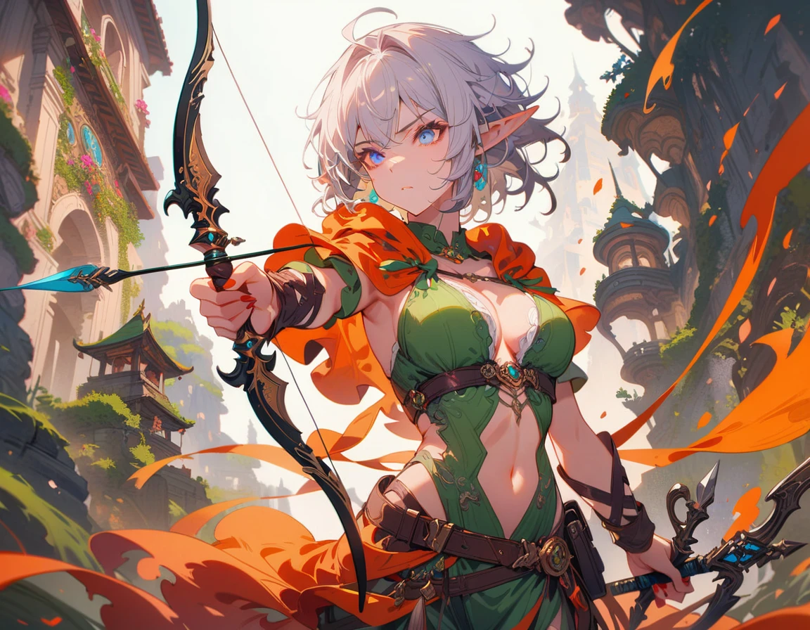 1girl, dark elf,large breasts, hooded cloak, bow and arrow, highly detailed, intricate, fantasy, dark mood, (best quality,4K,8K,highres,masterpiece:1.2),ultra-detailed,Elf female archer holding a bow and arrow,Bow drawing action,(Archer:1.2),Archery