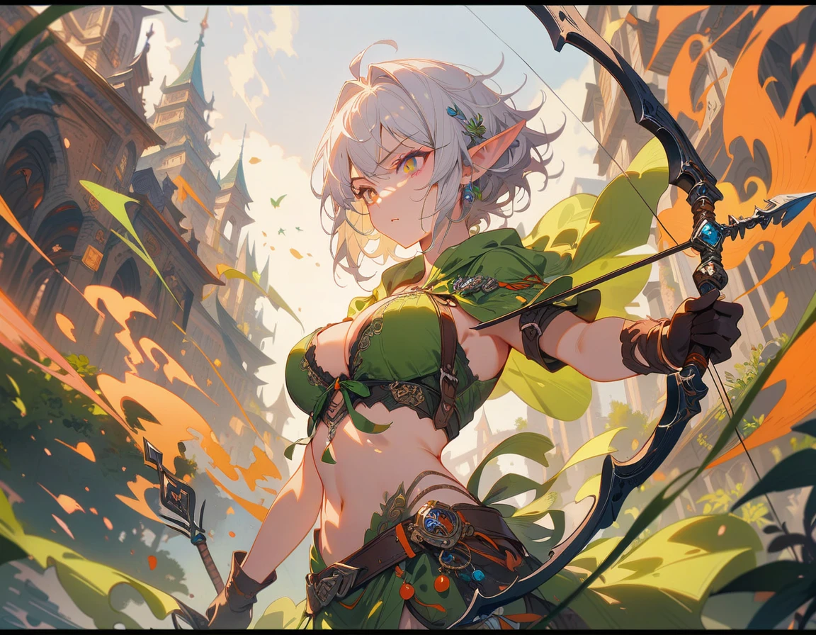 1girl, dark elf,large breasts, hooded cloak, bow and arrow, highly detailed, intricate, fantasy, dark mood, (best quality,4K,8K,highres,masterpiece:1.2),ultra-detailed,Elf female archer holding a bow and arrow,Bow drawing action,(Archer:1.2),Archery