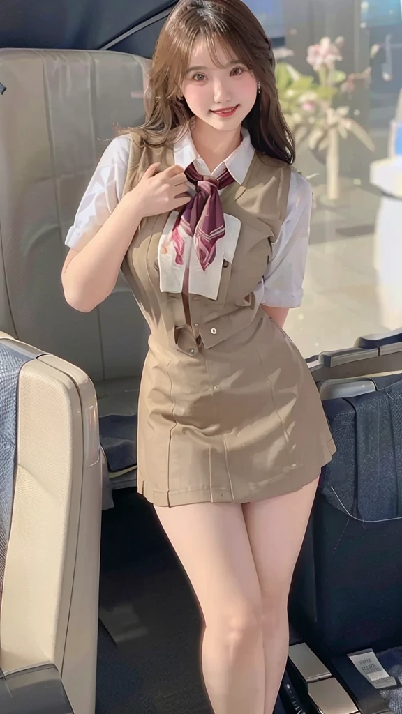 top-quality, masterpiece, 8K, 超A high resolution, (Photorealsitic:1.4), Korean beauty 1girl in、Beautiful face、symmetrical eye、Colossal 、Perfect body proportion、Stewardess uniform、Huge breasts,Look at viewers、(Inside the plane:1.2)、front-facing view、Shoulder、Absolute area(1.3)、A smile erotic school uniform ((Amazing ultra-short ultra-micro mini skirt)) ((The shortest ultimate micro mini skirt:1.3)) ((Micro mini skirt for sex))(Colossal tits) (((Stewardess inviting to SEX:1.3)))((Roll up your skirt and show me your panties))((Stewardess for SEX:1.3)) ((No panties))