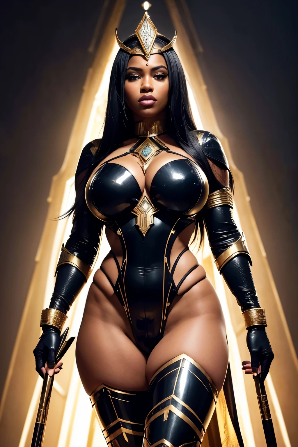1. Hyper-Realistic Portrait: An Extraordinary Woman with a Striking Dark Skin Complexion and an Armor Suit Inspired by the Egyptian Goddess Isis.
   - Woman of Substance: Dark Melanin, Strong Presence, Imposing Figure.
   - Armor Suit and Gloves: Intricate Detailing, Bold Lines, Fusion of Val Cortez and Anna Nicole Smith's Aesthetic.
   - Incredible Hourglass Figure: Impossibly Small Waist, Massive , World's Largest Massive , Circumference of Lower Extremities far exceeds 90