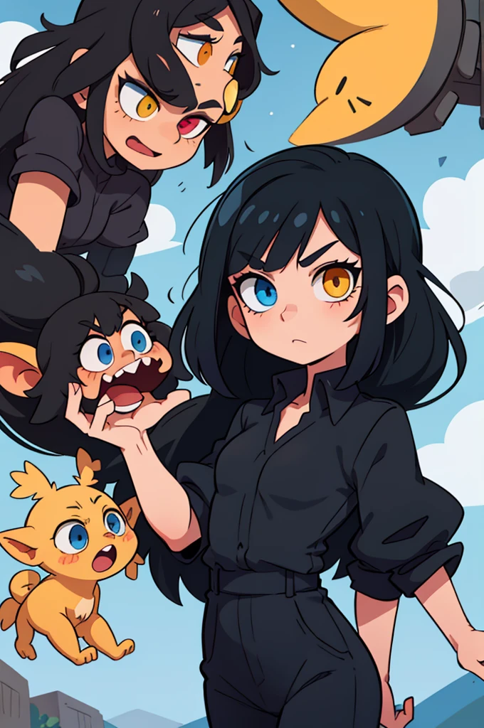 1chico, long black hair, heterochromia, a blue eye, a yellow eye, moreno