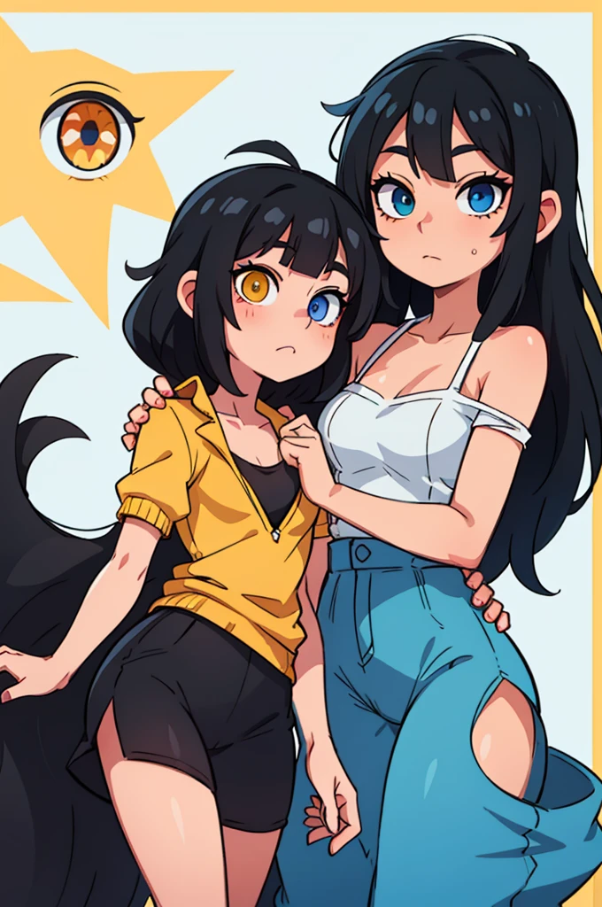 2人の女の子(,young girl ,short stature,gyaru)) ,flat chest,nsfw,plump,ストライプ柄のパンティ.,big head、evilsmiling,black hair,long hair,bobcut.show ass,