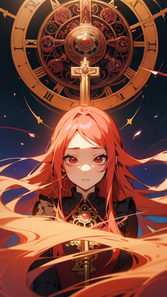 anime girl with long hair and red dress with clock in background, yandere intricate, anime art nouveau, intricate ornate anime cgi style, anime graphic illustration, detailed anime art, anime art nouveau cosmic display, psychedelic manga, detailed portrait of anime girl, gothic maiden anime girl, detailed key anime art, dreamy psychedelic anime, detailed anime artwork, anime abstract art