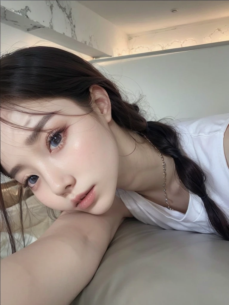 22 year old Girl with rosy pale skin,Caramel and long hair, have c cup Breasts,blue eyes,have A button nose,have upper-to-lower lip ratio of 1:2,have Top hourglass body shape,
Oval face shap