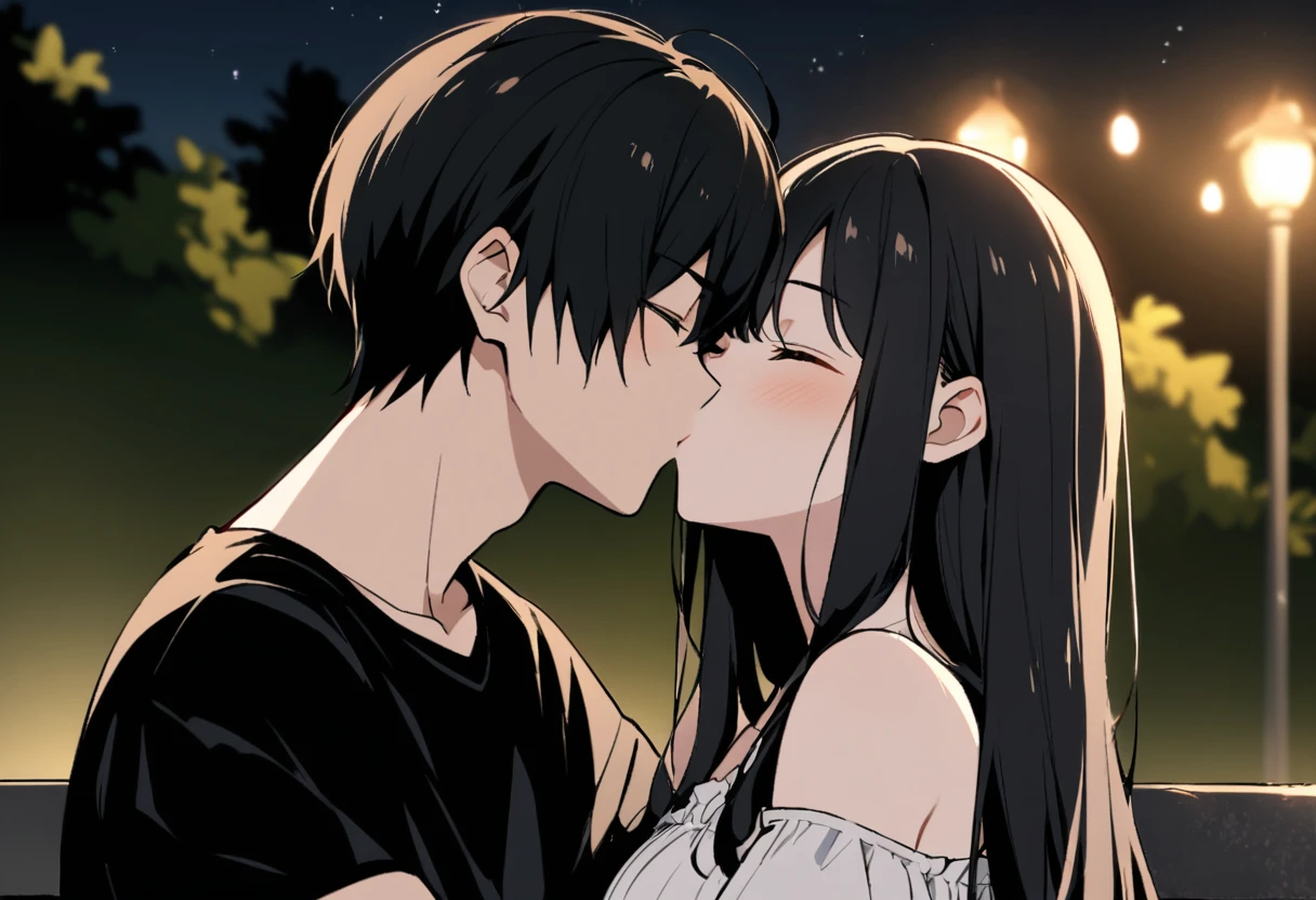 Couple kissing in the park at night、The woman has straight black hair, her eyes closed, and is wearing a white off-the-shoulder blouse.、The man has his eyes closed and is wearing a black T-shirt