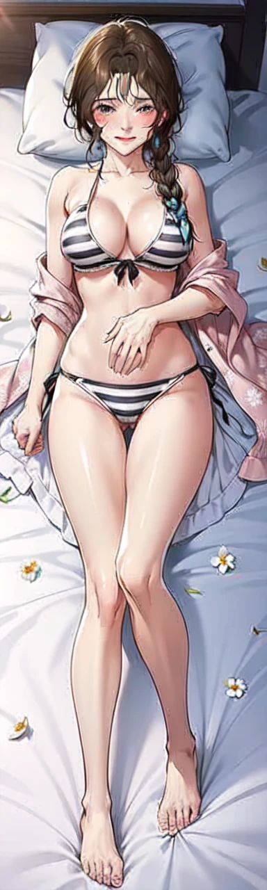 1girl, solo, breasts, looking at viewer, blush, smile, bangs, black hair, single braid, black dress, bare shoulders, big breasts, closed mouth, collarbone, full body, flower, lying, open clothes, striped, indoors, on back, off shoulder, feet, pillow, bare legs, bed, bed sheet, on bed, cleavage, hand on own stomach