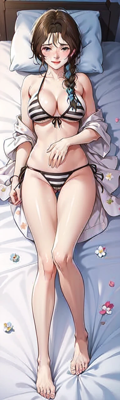 1girl, solo, breasts, looking at viewer, blush, smile, bangs, black hair, single braid, black dress, bare shoulders, big breasts, closed mouth, collarbone, full body, flower, lying, open clothes, striped, indoors, on back, off shoulder, feet, pillow, bare legs, bed, bed sheet, on bed, cleavage, hand on own stomach