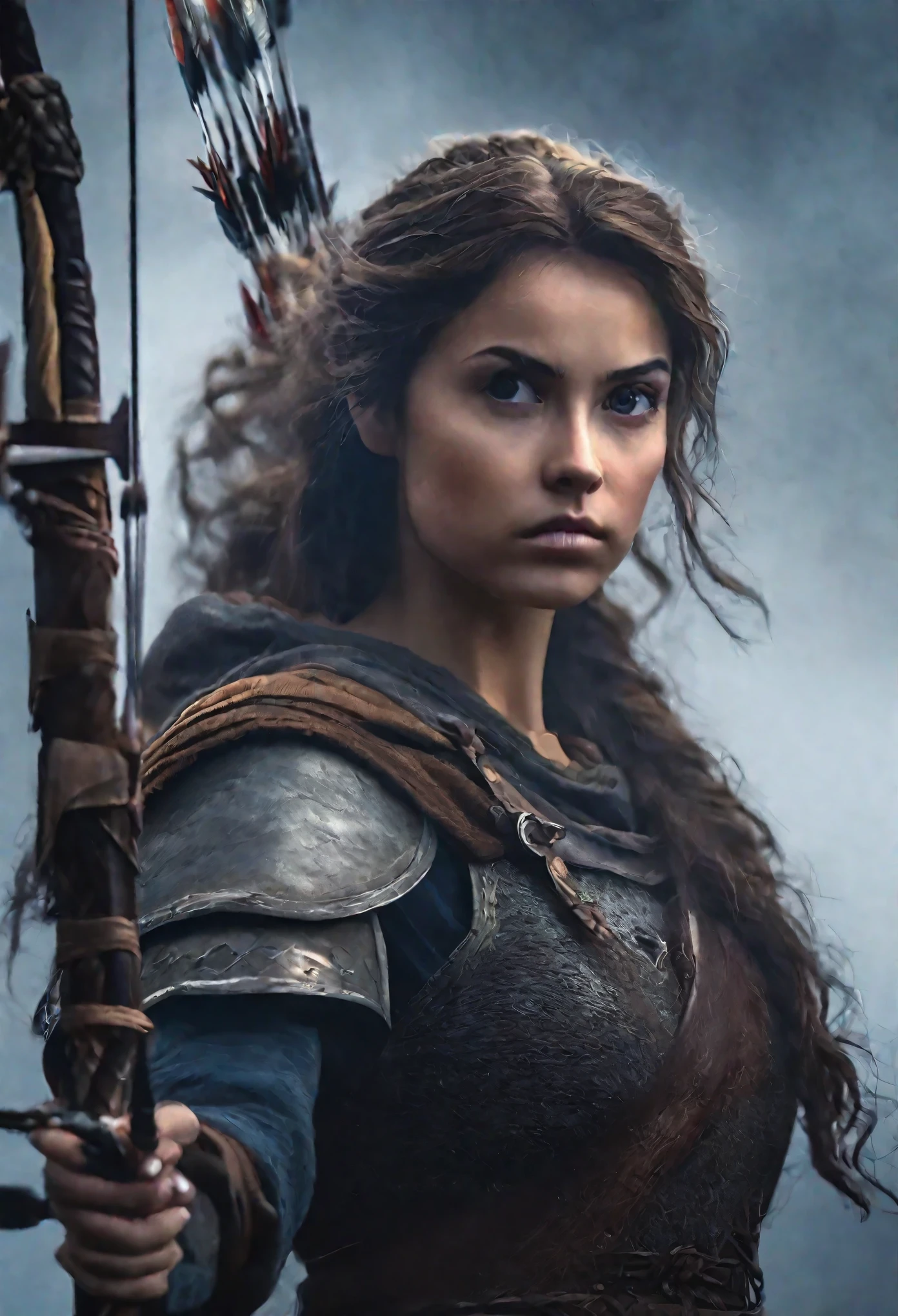 1girl, medieval castle, woman with bow and arrows, detailed facial features, beautiful eyes, detailed skin, detailed hair, adventurous expression, dramatic lighting, cinematic composition, muted color palette, atmospheric fog, (best quality,4k,8k,highres,masterpiece:1.2),ultra-detailed,(realistic,photorealistic,photo-realistic:1.37)