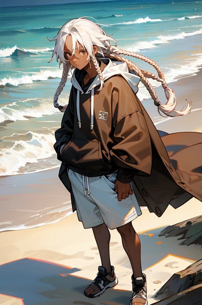 white colored hair, dreads, dark skin, brown eyes, black hoodie, on a beach, young male