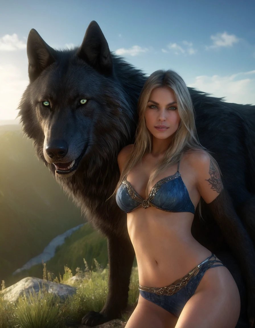 (Beautiful druid elf girl 1.3) hugging a big black wolf (extremely detailed CG unity 8k wallpaper, masterpiece, best quality, ultra-detailed, beautiful detailed bright eyes:1.2), best illumination, (best shadow, an extremely delicate and beautiful, bloom, iridescent), masterpiece, best quality:1.1, realistic:1.3, cinematic lighting:1.2, on a sunray cliff:1.5, ultra photoreal, photorealistic:1.0, sharp focus:1.1, depth of field:1.1, 50mm, Hasselblad X1D II, Porta 160