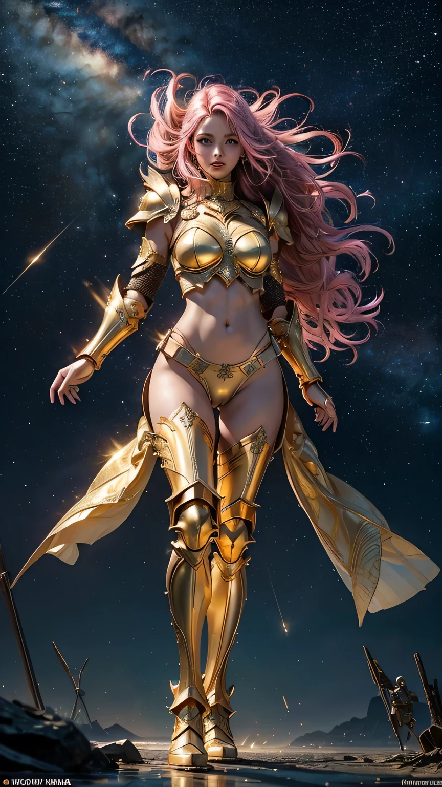 ((best quality)), ((masterpiece)), (ultra detailed lights), ((full body shot)), ((skinny body)), indonesian girl, extremely beautiful, ((slim body)), thighs gap, ultra face details, 20 years old, ((pink curvy-hair)), ((hair blown by strong winds :1.3)), Award-winning photograph, ((symmetrical pose)), goddess in ((full body golden black armor)) are in the middle of battlefield, posing in the middle, intricate details, ((thight golden armour)), ((extremely details armor)), ((tight latex panties)), ((24k-gold armor)), ((edge luminous armor)), luminescent, epic lights reflections, at beach, full of stars, orange clouds, nebula sky, epic aurora borealis in the background, shooting stars, ((from below))