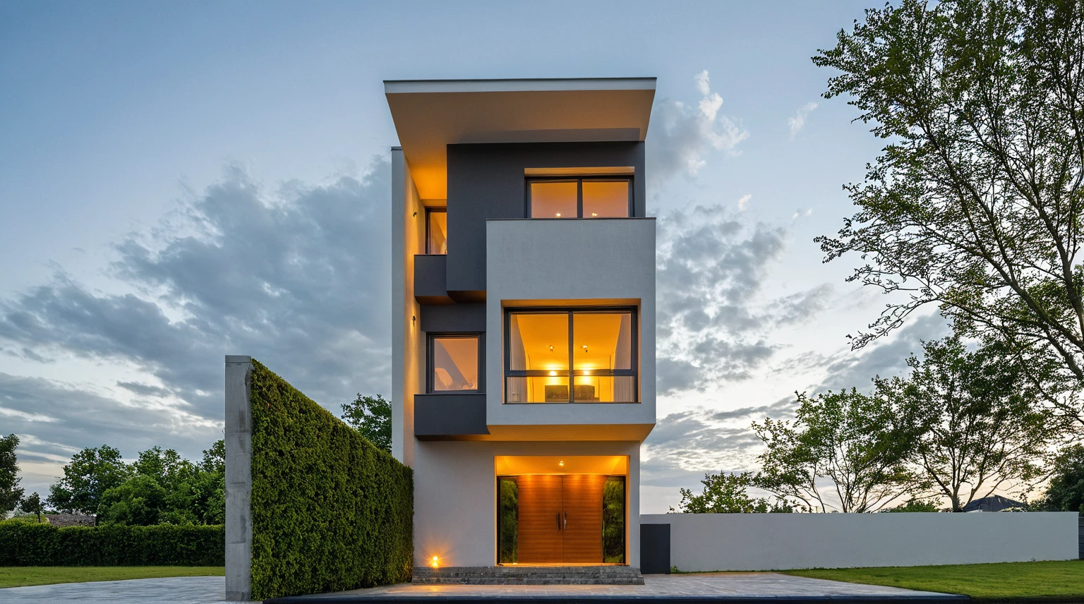 Masterpiece, high quality, best quality, authentic, super detail, outdoors, onestoreyvillaXL, aiaigroup, house style modern on the street ,stairs, white wall ,road,pavement, grass, trees, sky, cloud, (daylight:1.1)