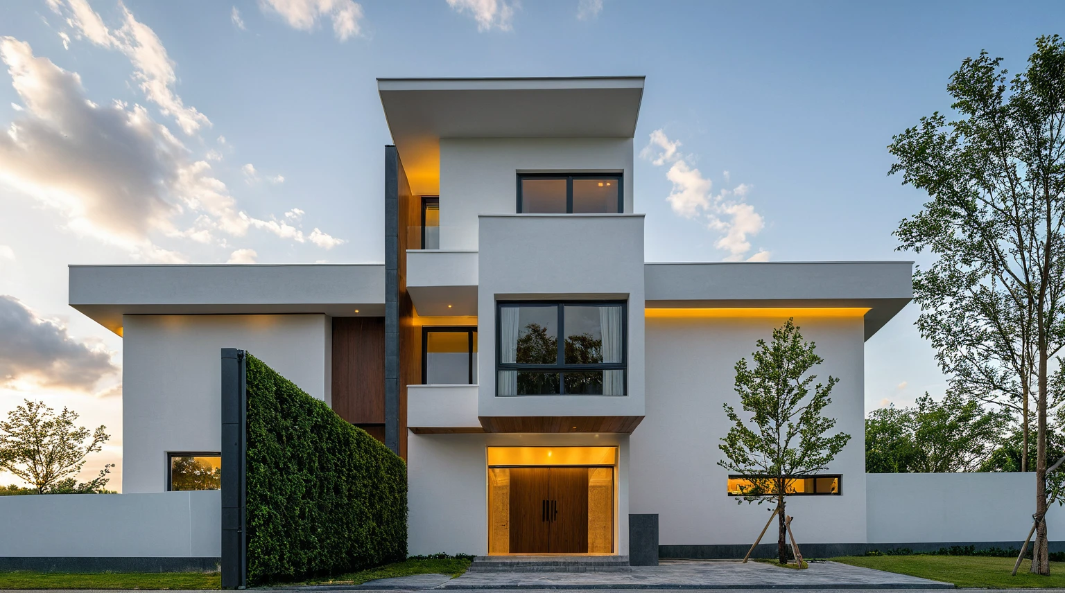 Masterpiece, high quality, best quality, authentic, super detail, outdoors, onestoreyvillaXL, aiaigroup, house style modern on the street ,stairs, white wall ,road,pavement, grass, trees, sky, cloud, (daylight:1.1)