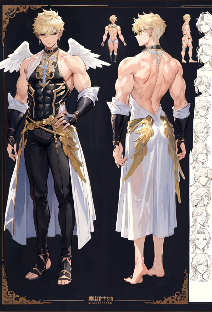 (Masterpiece, best quality), detailed, 1 man, ((character concept art)), ((character design sheet, same character, front, side, back)), full body, body complete, 1 Male angel, 1 Man angel, Detailed face, character design sheet，full bodyesbian, Highly detailed, character sheet, character design, Many parts, dark skin, angel wings, short blonde hair, angel outfit, muscle male god, male clothes, masculine, muscle man, male muscle, manly, male angel, Muscle male with short blonde hair，beautiful man, beautiful muscle man, abs, pectoral muscle