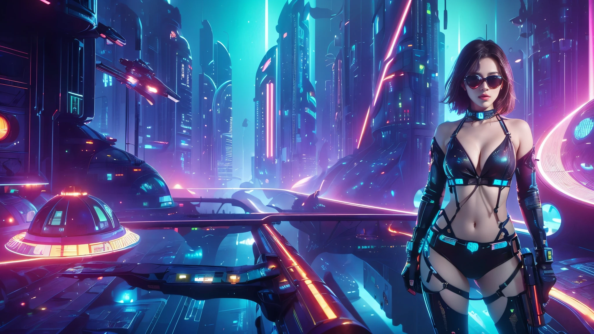 (((a medium-breast bikini slim GIRL with black (micro) sunglasses))), (((((aiming at viewer with a pistol))))), a balcony of a futuristic building, aerial view of an ultra-futuristic megalopolis, metal buildings and houses in dark colors from dark blue to black, shades of metal gray, smoky metal structures, industrial environment with smoke and fog around, dark cars on the streets, desert megalopolis, modern metal rails and trains passing through, tall futuristic metal buildings, ultra modern buildings, (((((futuristic space station))))), realistic, detailed, sci-fi.