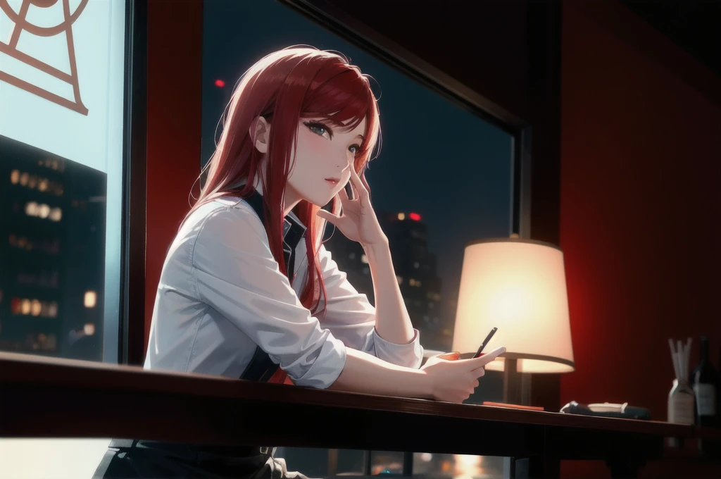 Beautiful redhead Asian girl sitting in a restaurant at night, visible from the window, perfect face, sunglasses, Smoke a white Taylormade cigarette, neon black, (Backlight included: 1.1), solid shadow, masterpiece, best quality, complicated, model shooting style, vintage, film grain, Incomplete details