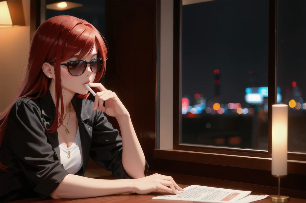 Beautiful redhead Asian girl sitting in a restaurant at night, visible from the window, perfect face, sunglasses, Smoke a white Taylormade cigarette, neon black, (Backlight included: 1.1), solid shadow, masterpiece, best quality, complicated, model shooting style, vintage, film grain, Incomplete details