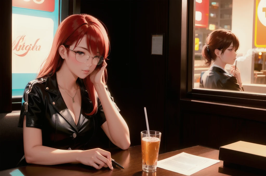 Beautiful redhead Asian girl sitting in a restaurant at night, visible from the window, perfect face, sunglasses, Smoke a white Taylormade cigarette, neon black, (Backlight included: 1.1), solid shadow, masterpiece, best quality, complicated, model shooting style, vintage, film grain, Incomplete details