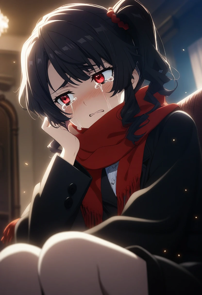 1girl kirisawa juuzou, official art, sitting, crying, tears streaming, black coat, red scarf, black hair, side_ponytail, red eyes, (very aesthetic, best quality, ultra detailed), intricate details, highres, indoors, light particles, close-up, blurry background,, low angle, cinematic angle, cowboy shot, emotional, delicate features