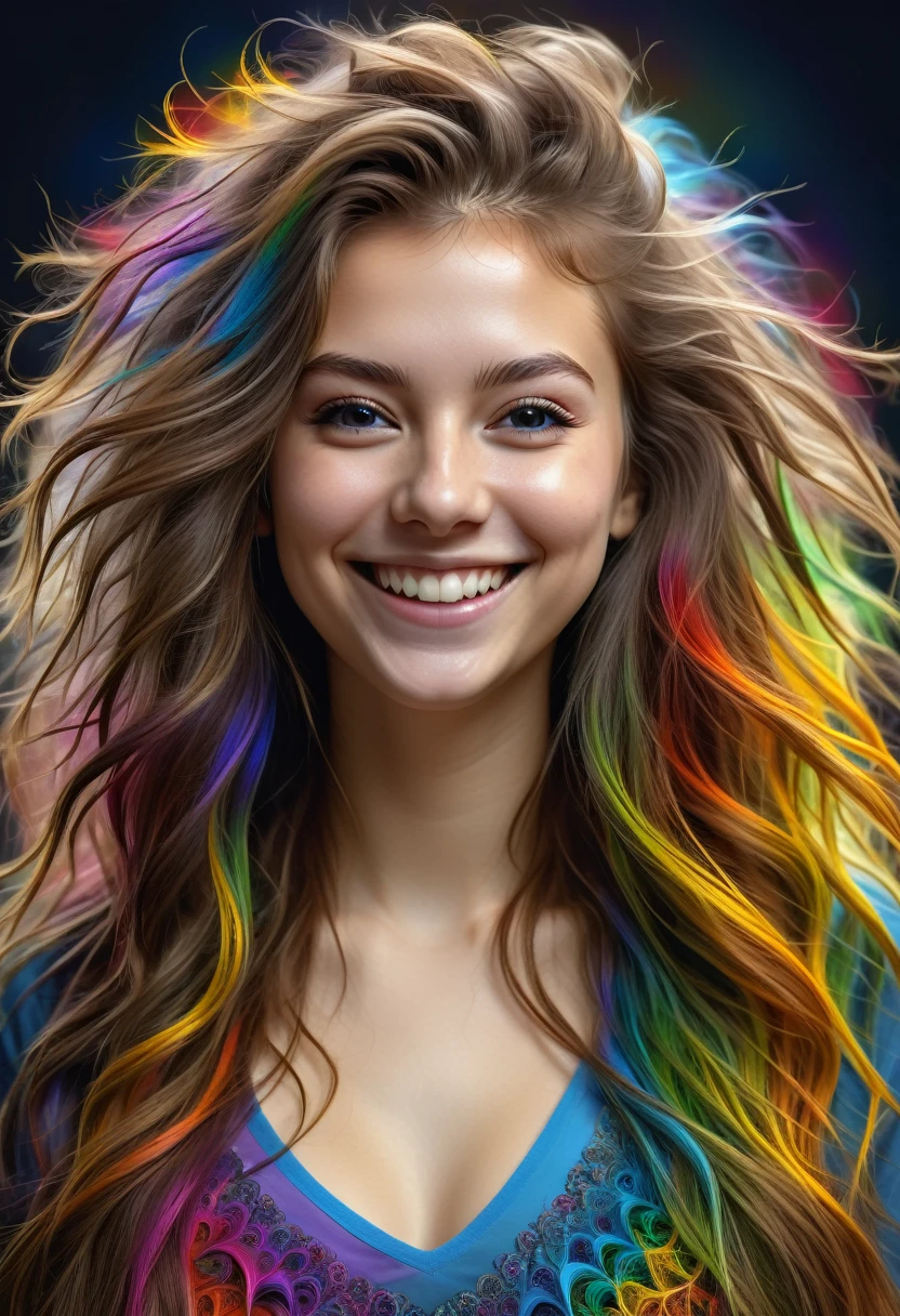 (best quality, masterpiece, ultra detailed, ultra high res, photorealistic, raw photo, absurdres, absolutely resolution), 1girl, long hair, messy hair, smile, colorful, long shot, fractal art