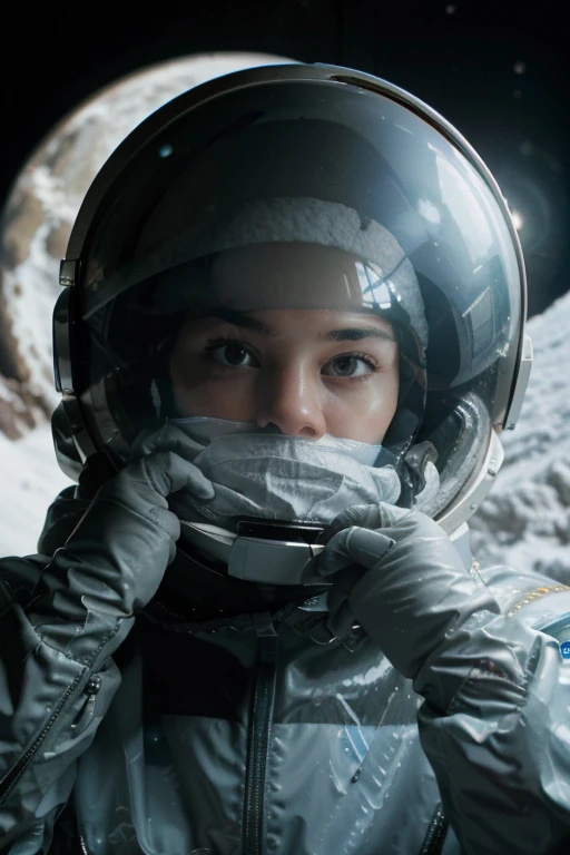 Astronaut looking scared at the viewer, transparent space helmet visor, gesturing with hands towards the viewer communicating with hands towards the viewer, expressing yourself, In the scenario there are immense frozen mountains. The soil and frozen environment, snow covered, icy storm