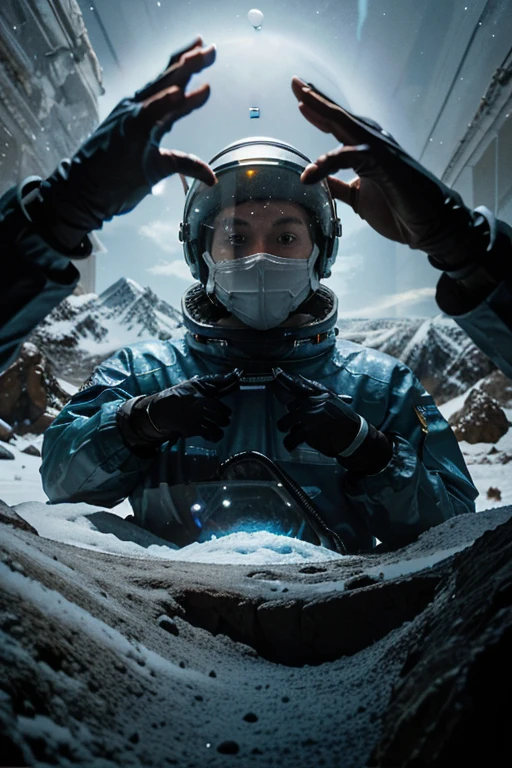 Astronaut looking scared at the viewer, transparent space helmet visor, gesturing with hands towards the viewer communicating with hands towards the viewer, expressing yourself, In the scenario there are immense frozen mountains. The soil and frozen environment, snow covered, icy storm