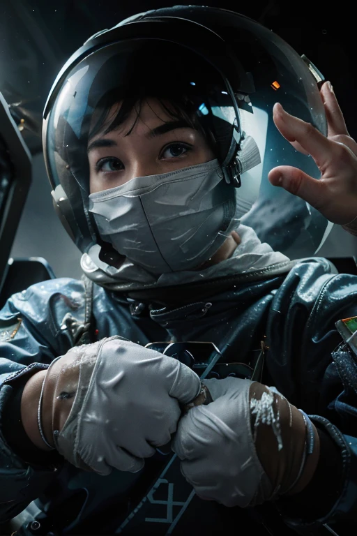 Astronaut looking scared at the viewer, transparent space helmet visor, gesturing with hands towards the viewer communicating with hands towards the viewer, expressing yourself, In the scenario there are immense frozen mountains. The soil and frozen environment, snow covered, icy storm