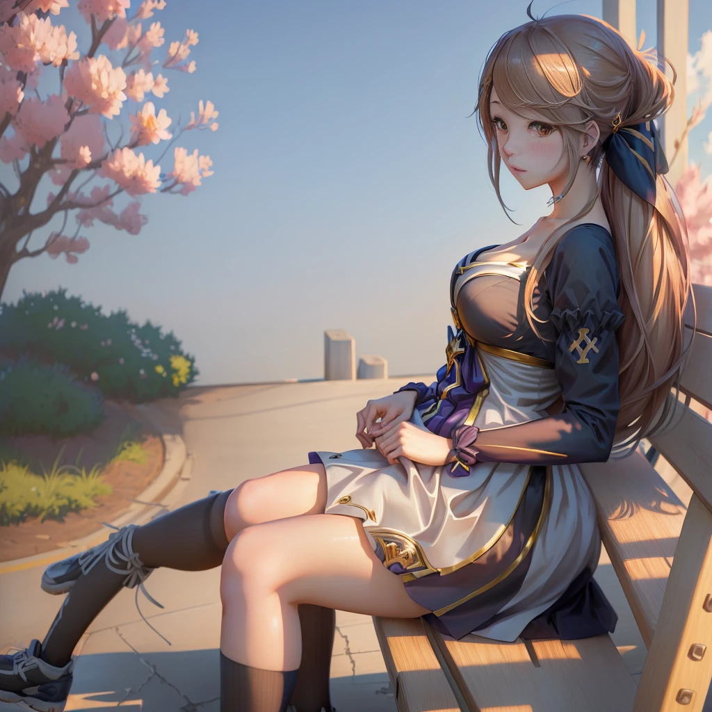 Anime girl sitting cross-legged on a bench, Attractive anime girl, Smooth anime CG art, Realistic anime, Charming anime girl, Popular on cgstation, Anime girl squatting, Realistic anime girl render, Young anime girl, Artwork in the style of Guweiz, Beautiful anime girl squatting, Beautiful anime girl, Beautiful anime high school