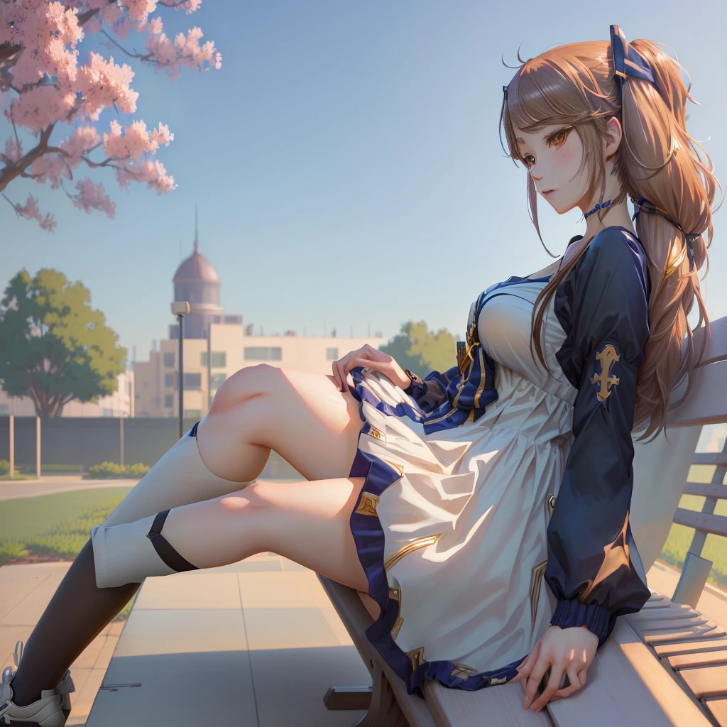 Anime girl sitting cross-legged on a bench, Attractive anime girl, Smooth anime CG art, Realistic anime, Charming anime girl, Popular on cgstation, Anime girl squatting, Realistic anime girl render, Young anime girl, Artwork in the style of Guweiz, Beautiful anime girl squatting, Beautiful anime girl, Beautiful anime high school