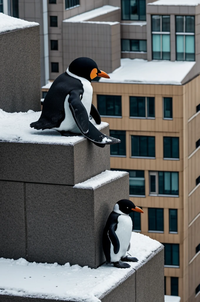 Dwarf person dressed as a sad penguin sitting on an edge of a building