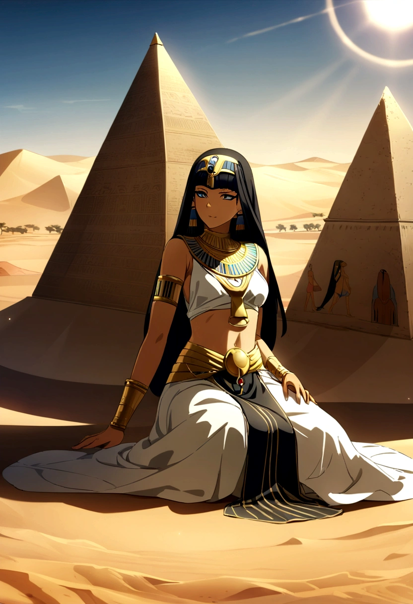 Desert Princess,Sitting,Egyptian style,style,Gold Jewelry,High Saturation,CG Art, Makoto Shinkai's photo, pure, Concept Art, Lofi Art style,新海诚动画艺术style, Lofi Art, Beautiful anime scene, Anime Landscape, Detailed scenery, 新海诚的style, 新海诚的style, Enhance Details