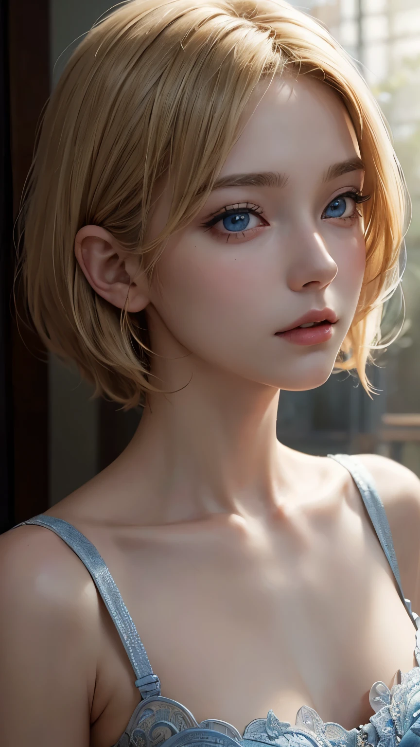 (masterpiece: 1.2, Highest quality), Realistic, (Realistic Picture, Intricate details, Depth of written boundary), Highest quality, masterpiece, Very detailed, Semi Realistic, 1 Girl, Mature Woman, 21 years old, Blonde, shoulder-length short hair,, The left eye is covered with hair, blue eyes, King's Clothes, Red Cape, Slim figure, A crown made of precious gold, Read the document, Document marking, Goose hair pen, Office Table, Soft bench, palace, palaceで, middle ages
