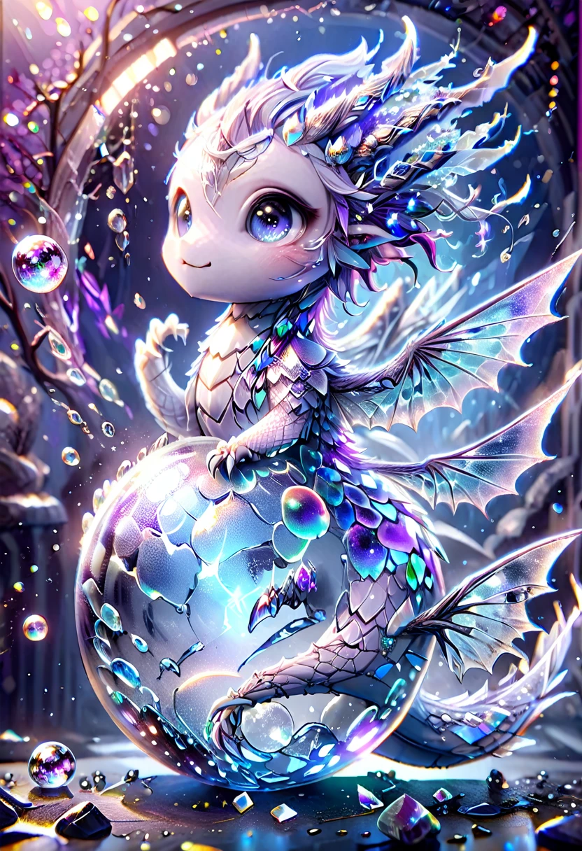 absurdres, highres, ultra detailed, HDR, master piece, best quality, crystal ball, small white dragon, expressive blue eyes, blue horns, wings, fantasy magical background, sparkling, shining, purple lightning, floating round lights, starry, void, broken glass style