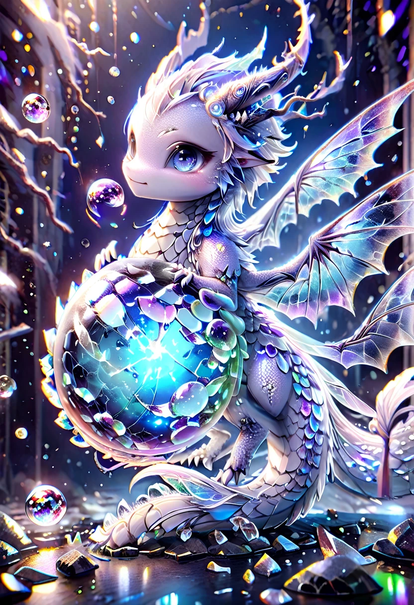 absurdres, highres, ultra detailed, HDR, master piece, best quality, crystal ball, small white dragon, expressive blue eyes, blue horns, wings, fantasy magical background, sparkling, shining, purple lightning, floating round lights, starry, void, broken glass style