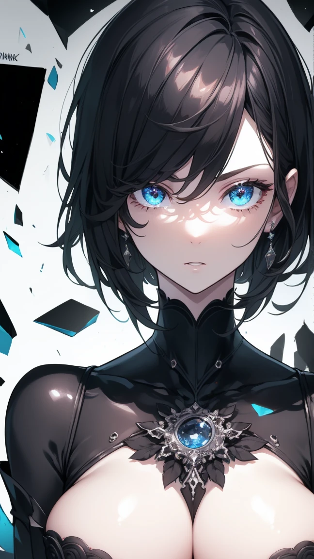 (masterpiece),((Highly detailed lblack short hair)),((expressive blue eyes)),(Highly detailed black biker outfit),deep cleavage,serious expression,extremely beautiful mature woman, milf,pale white skin,silver jewelry,best quality,cel shading,8K HD,highly detaild face, highly detaild eyes,flat color,(fullbody angle),high contrast,ufotable art style,contrapposto,white background