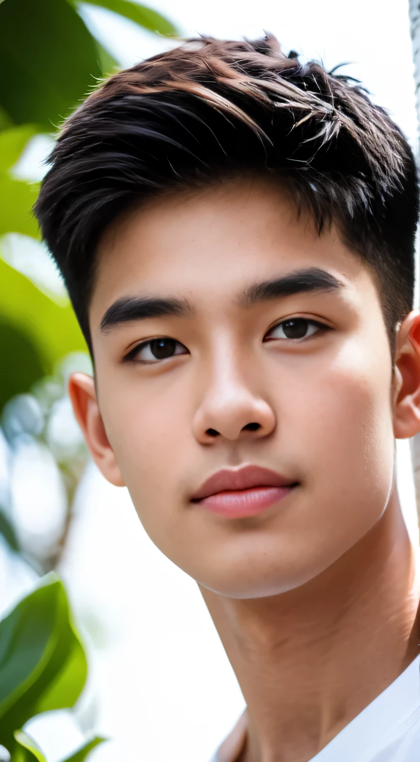 (realistically, work of art, high resolution 8k, good light quality, portraite, closed in the face, Complicated Details), Cute teenage, sem beard, 15year old, dark brown hair, flat hair, lightbrown eyes, face detailed, white and red tunic, Caucasian skin,