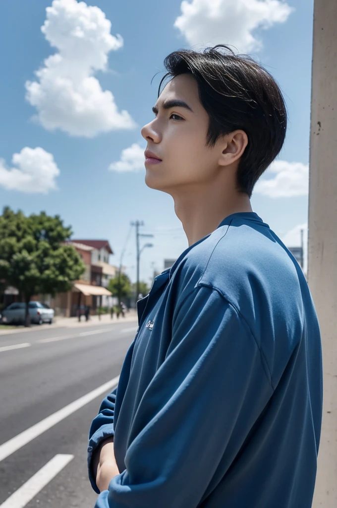 young man in a blue shirt Standing on the roadside with a serious expression, looking into the distance,Eyebrows frowned.,He looked worried.,Turn your head slightly.,Cloudy day, coffee shop, smile